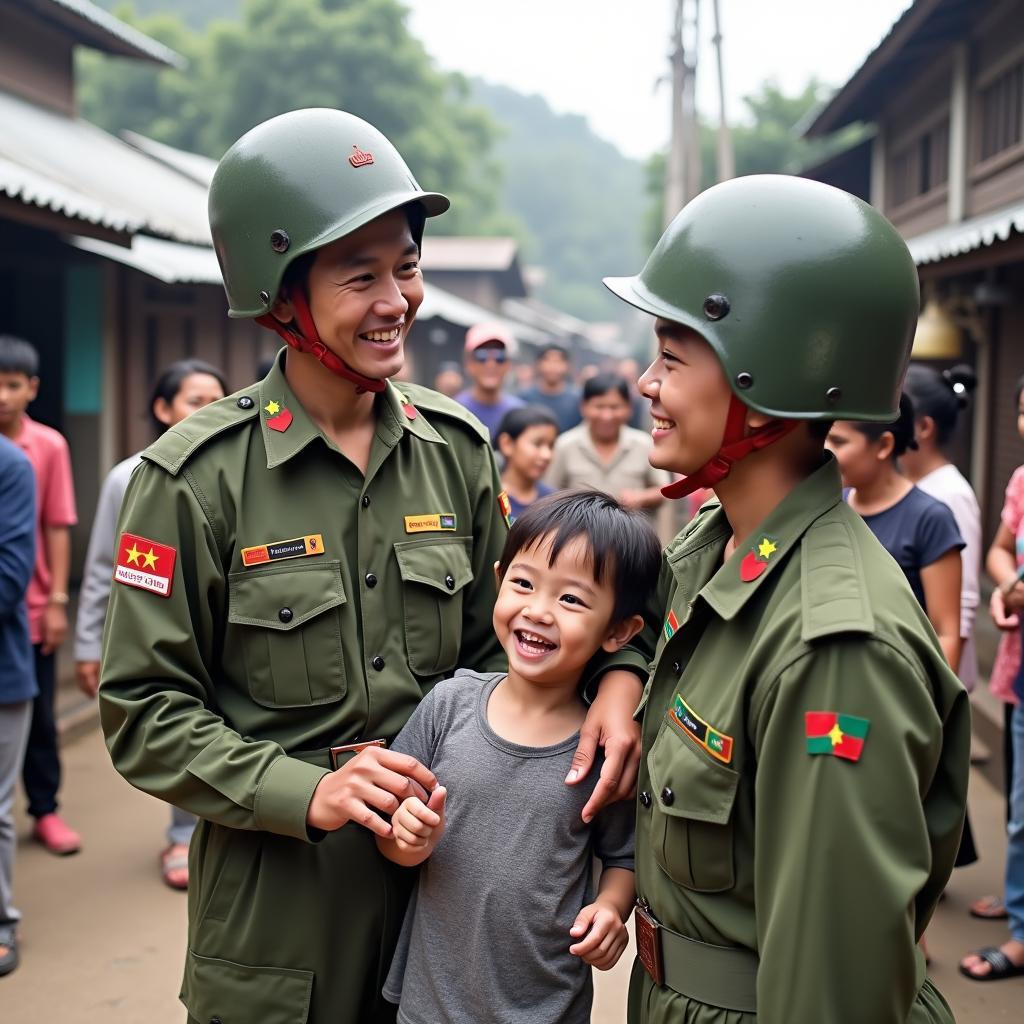 Ảnh chú bộ đội giao lưu, trò chuyện gần gũi với trẻ em hoặc người dân địa phương